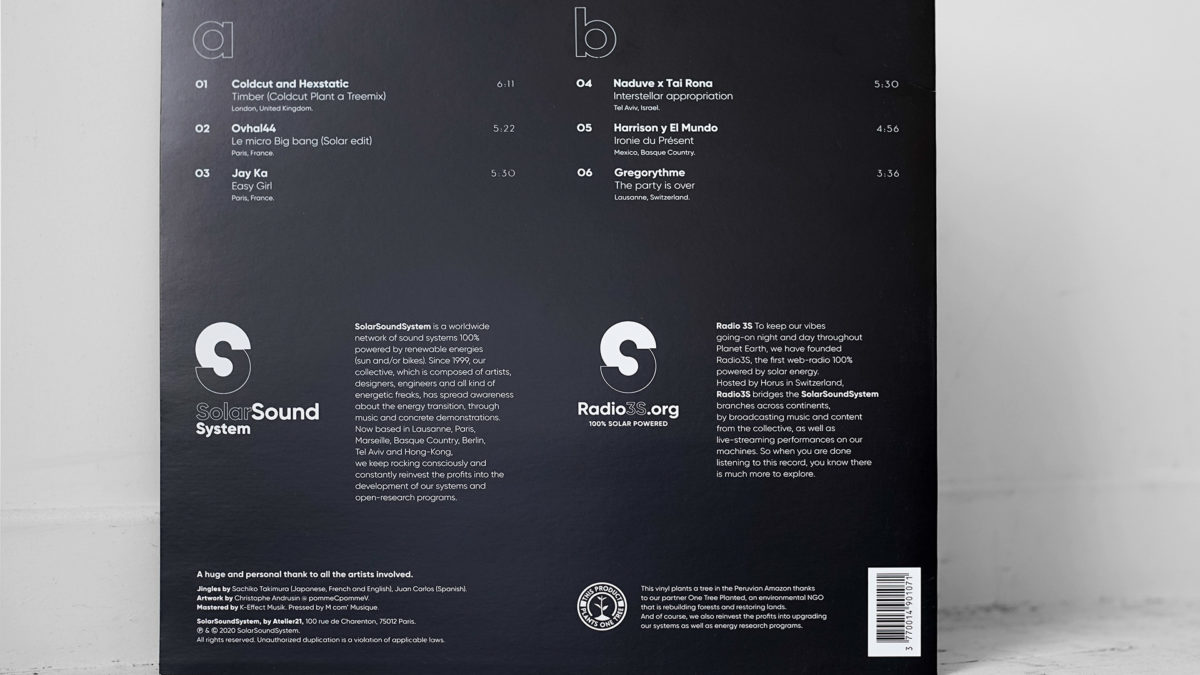 Pour fêter ses 20 ans, SolarSoundSystem, pionnier des systèmes sonores alimentés uniquement par les énergies renouvelables et fondateur de Radio3S, "la première webradio 100% solaire", lance "Solar Tracks # 01", une compilation réunissant 8 artistes de son réseau mondial. Direction artistique & design graphique Christophe Andrusin pommeC pommev