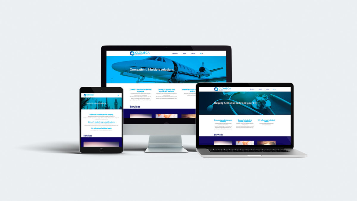 Glomeca Global Medical Care Consulting identité visuelle, design graphique et UX design et développement © Christophe Andrusin @ pommeCpommeV